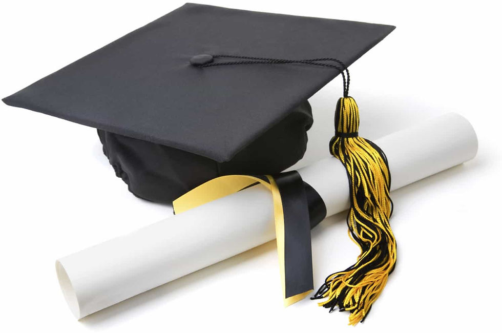A black graduation cap with a gold tassel rests on a rolled diploma.