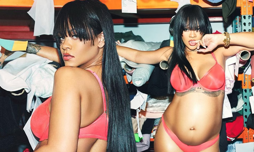 Pregnant Rihanna flaunts her growing baby bulge as she poses in a bra and tiny thong.