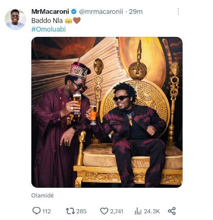 Mr Macaroni Shares Stunning Picture Of Himself With Afrobeats Superstar, Olamide Badoo