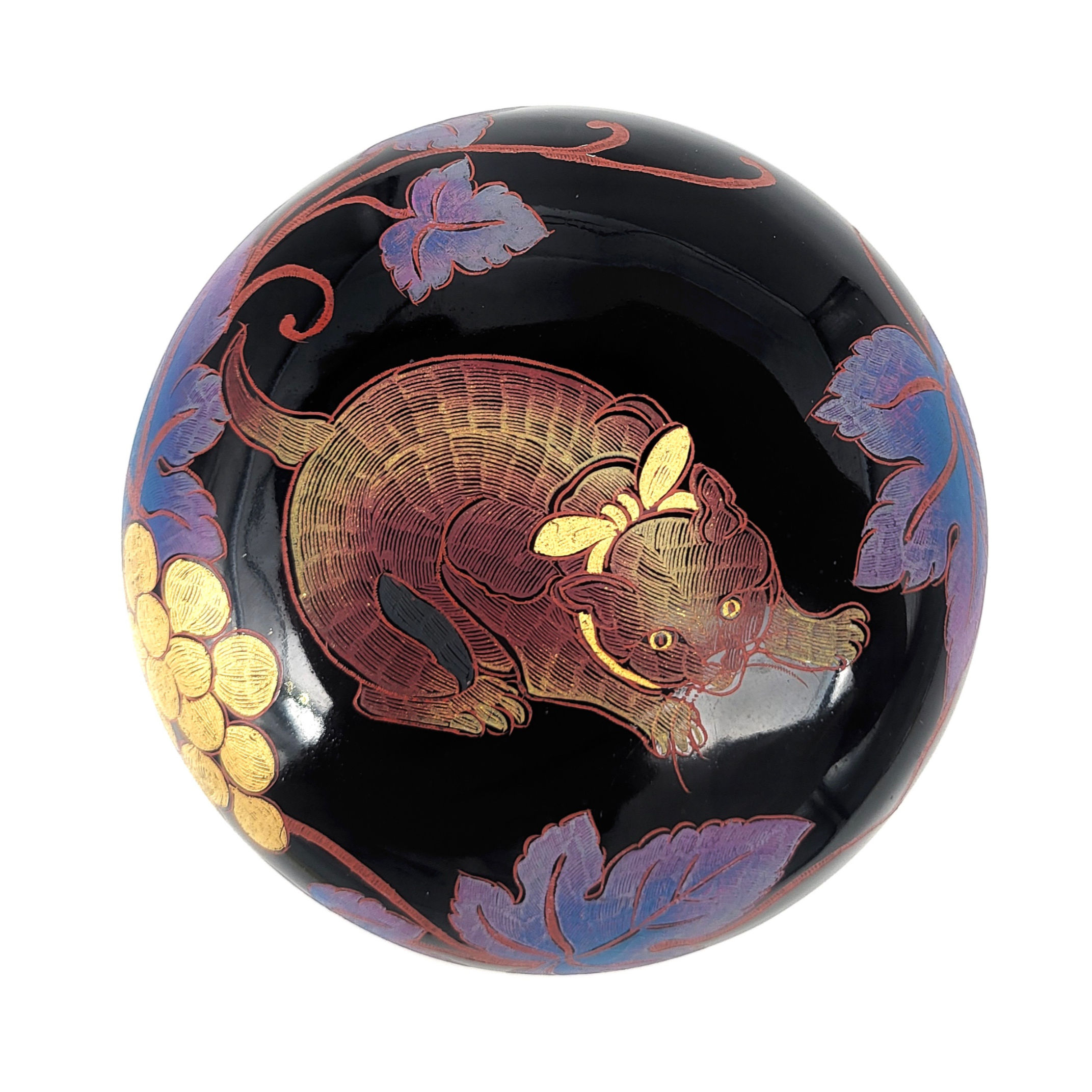 Cat Surrounded by Grapes Round Edge Lacquer Box by Veronica GRITSENKO