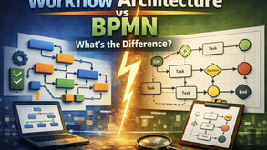 Split graphic comparing Workflow Architecture and BPMN, with a modern workflow diagram on one side and a structured BPMN process diagram on the other, separated by a lightning bolt to highlight their differences.