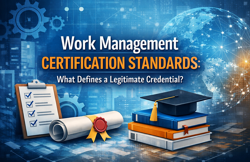 Illustration of Work Management certification standards featuring a certificate, checklist, books, and graduation cap against a digital workflow and global network background.