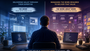 Cinematic illustration of a knowledge worker seated at a desk between two halves of modern work. The left side represents professional expertise and functional work, including marketing analysis, strategy, financial models, and campaign planning. The right side represents work management responsibilities such as prioritization, coordination, communication, meetings, task management, progress tracking, adaptability, and stakeholder alignment. The headline reads "Every Knowledge Worker Has Two Jobs," with the tagline, "In the Age of AI, Managing Work Is Becoming Our Most Important Human Skill." The image visually communicates the growing importance of work management as AI transforms knowledge work.