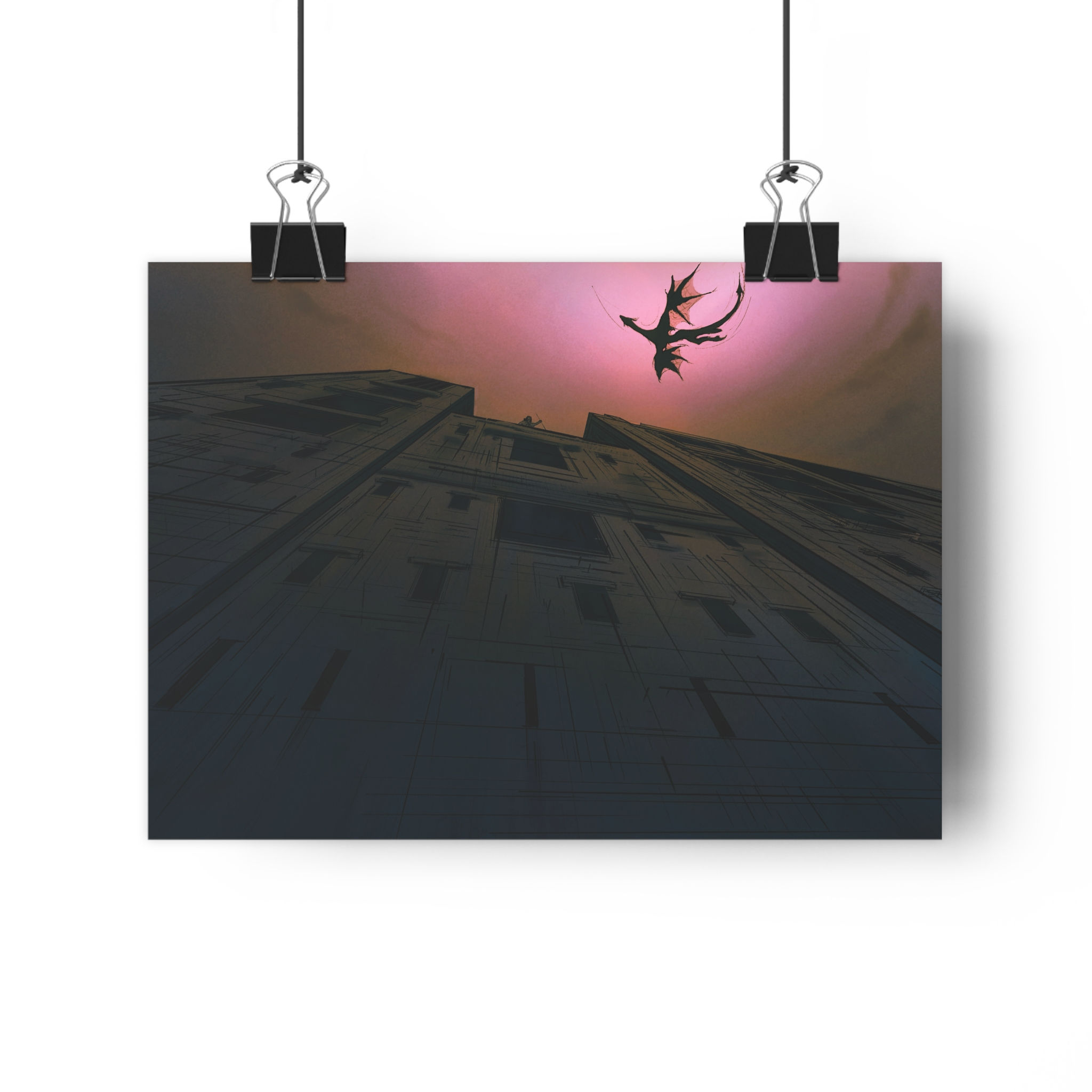 Giclée Art Print — Gothic Rooftop Dragon Silhouette at Dusk