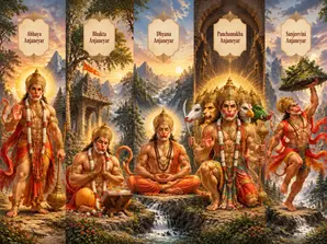 அனுமனின் ஐந்து வடிவங்கள் — அபய ஆஞ்சநேயர், பக்த ஆஞ்சநேயர், தியான ஆஞ்சநேயர், பஞ்சமுக ஆஞ்சநேயர் மற்றும் சஞ்சீவினி ஆஞ்சநேயர் — பக்தி, துணிவு, தியானம், பாதுகாப்பு, வலிமை மற்றும் ஸ்ரீ ராமருக்கான தெய்வீக சேவையை வெளிப்படுத்துகின்றன.