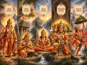 அனுமனின் ஐந்து வடிவங்கள் — அபய ஆஞ்சநேயர், பக்த ஆஞ்சநேயர், தியான ஆஞ்சநேயர், பஞ்சமுக ஆஞ்சநேயர் மற்றும் சஞ்சீவினி ஆஞ்சநேயர் — பக்தி, துணிவு, தியானம், பாதுகாப்பு, வலிமை மற்றும் ஸ்ரீ ராமருக்கான தெய்வீக சேவையை வெளிப்படுத்துகின்றன.