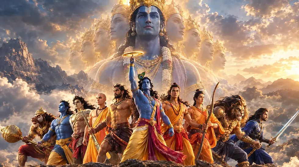 Dasavatharam, the ten avatars of Lord Vishnu, exploring Matsya, Kurma, Varaha, Narasimha, Vamana, Parashurama, Rama, Krishna, Buddha, and Kalki, their divine stories, symbolism, protection of dharma, restoration of cosmic balance, and spiritual significance in Hindu mythology.