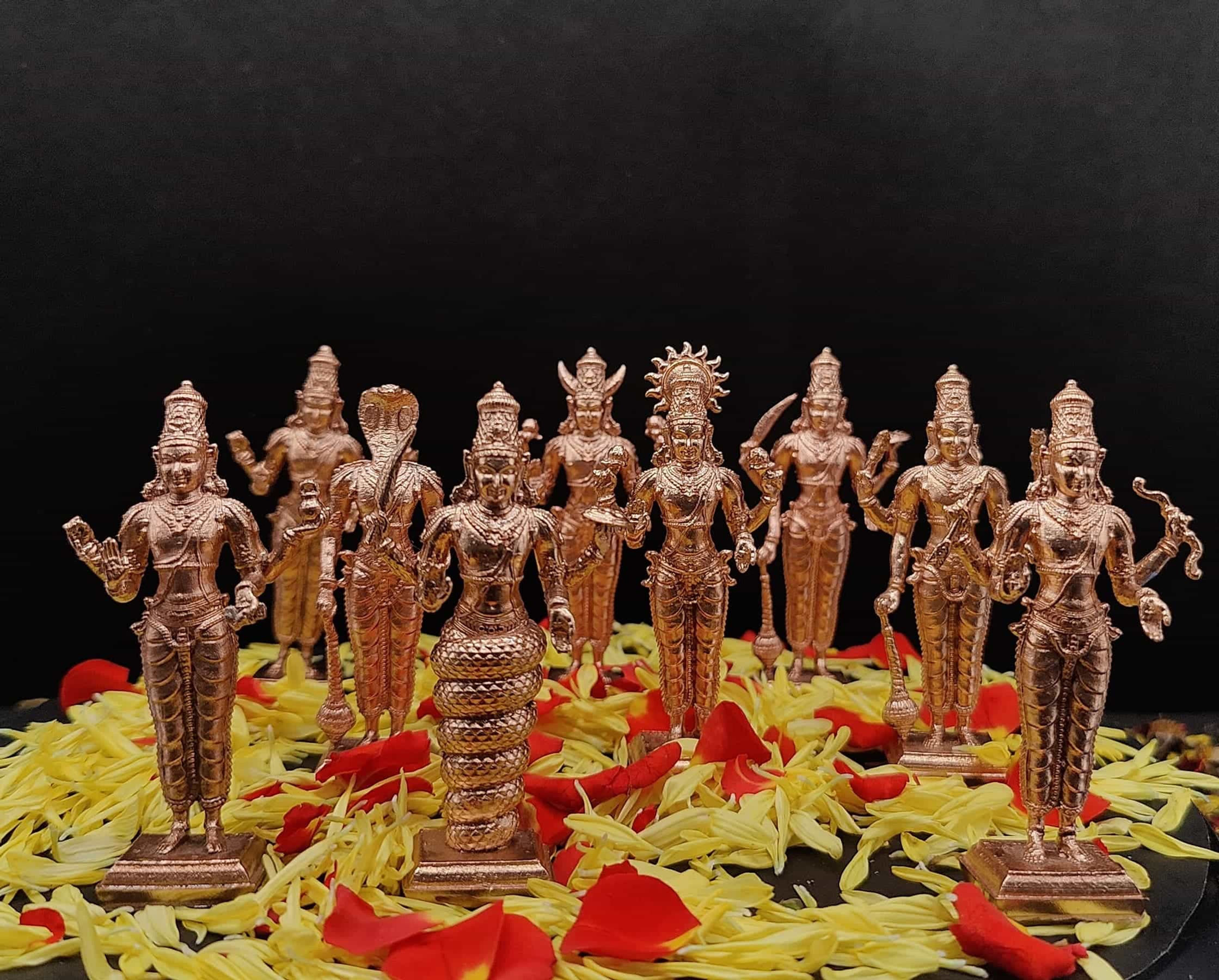 Handcrafted Bronze Navagraha Idol Set – Nine Planet Deities Statues for Worship & Temple