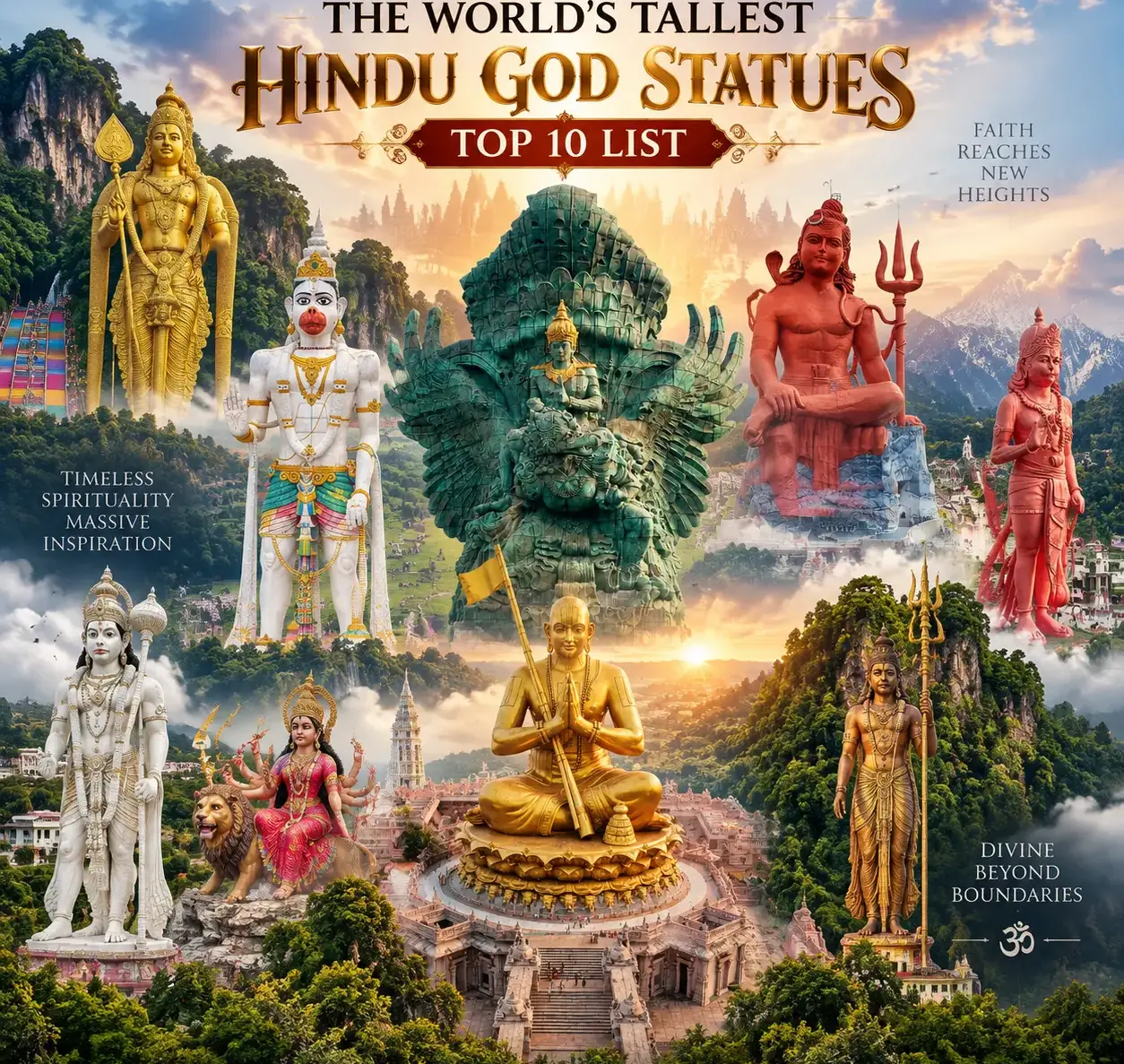 The world’s tallest Hindu god statues, featuring monumental representations of Lord Vishnu, Shiva, Ramanujacharya, Hanuman, Murugan, Mahadev, and Vaishno Devi across India, Indonesia, Nepal, and Malaysia, highlighting Hindu spirituality, devotion, architecture, and cultural heritage.