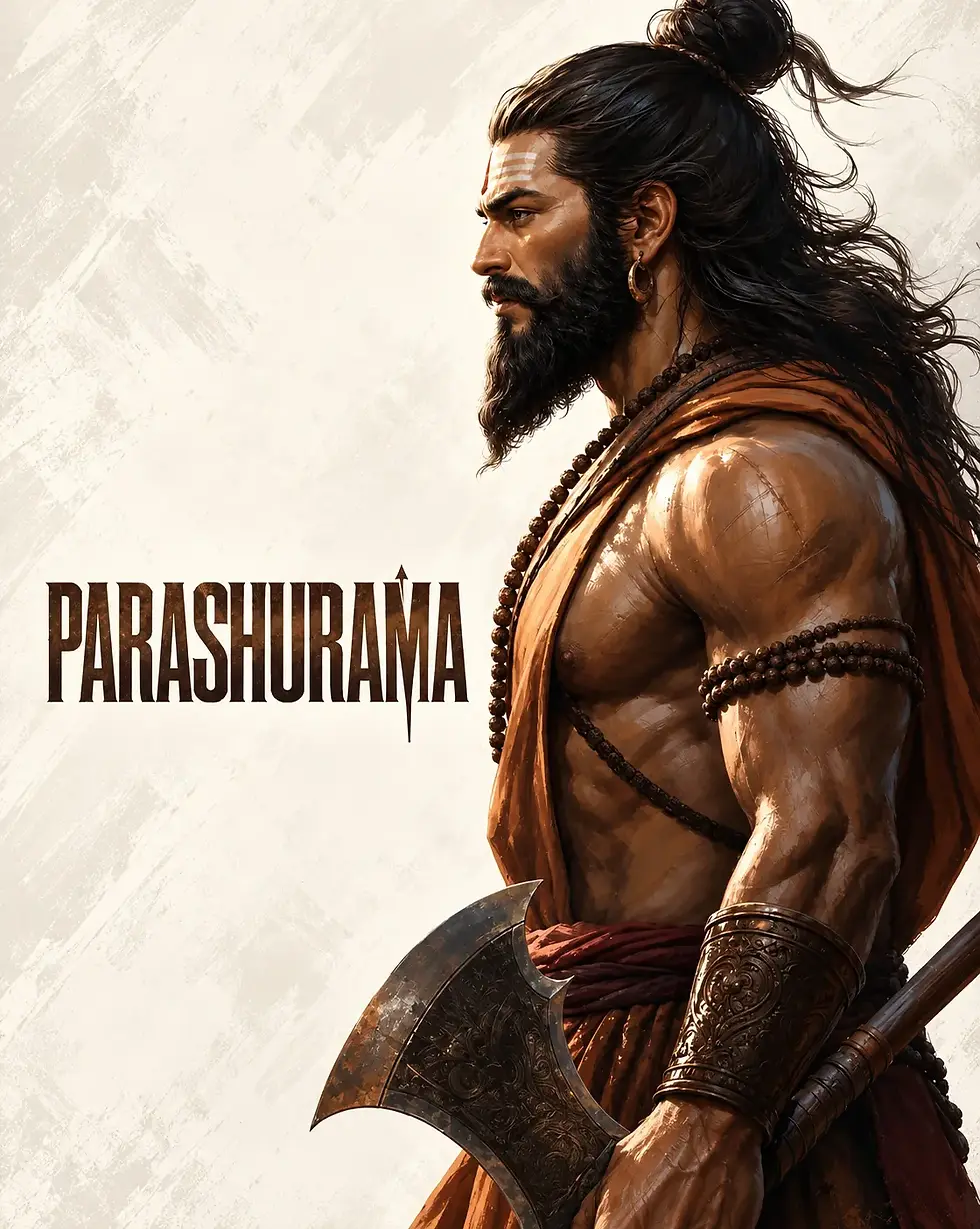 Parashurama, the sixth avatar of Lord Vishnu, known as the warrior sage wielding a divine axe to uphold dharma, challenge injustice, and represent courage, discipline, and righteousness.