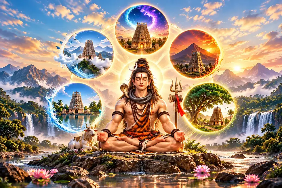 Pancha Bhoota Sthalams, the five sacred abodes of Lord Shiva representing Earth, Water, Fire, Air, and Space, exploring the spiritual significance of Ekambareswarar Temple, Jambukeswarar Temple, Arunachaleswarar Temple, Sri Kalahasteeswara Temple, and Thillai Nataraja Temple in Hindu mythology and Tamil temple heritage.