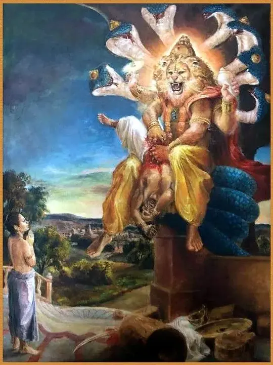 Lord Narasimha emerging from the pillar to protect Bhakta Prahlada, depicting Lord Vishnu’s powerful half-man half-lion avatar, divine intervention, unwavering devotion, protection, and the triumph of good over evil.