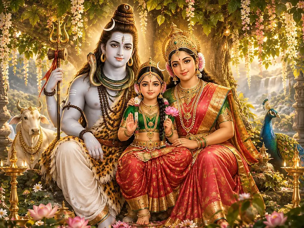 Lord Shiva, Goddess Parvati, and their daughter Ashoka Sundari, depicting the divine family and Ashoka Sundari’s place in certain Hindu traditions, associated with the Kalpavriksha, beauty, companionship, and the removal of sorrow.