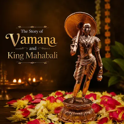 The story of Vamana and King Mahabali, featuring Lord Vishnu’s Vamana avatar and the generous King Mahabali, symbolizing devotion, humility, sacrifice, dharma, divine grace, and the origin of Onam celebrations.