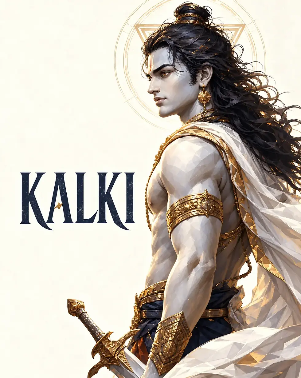 Kalki, the prophesied tenth avatar of Lord Vishnu, traditionally expected to appear at the end of Kali Yuga to overcome adharma, restore righteousness, and usher in a new age.