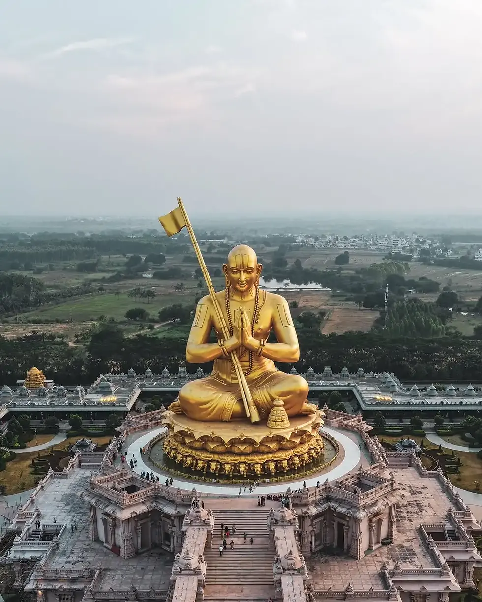 Statue of Equality depicting Sri Ramanujacharya in Hyderabad, Telangana, a monumental spiritual landmark representing his teachings, philosophy, equality, and Indian religious heritage.