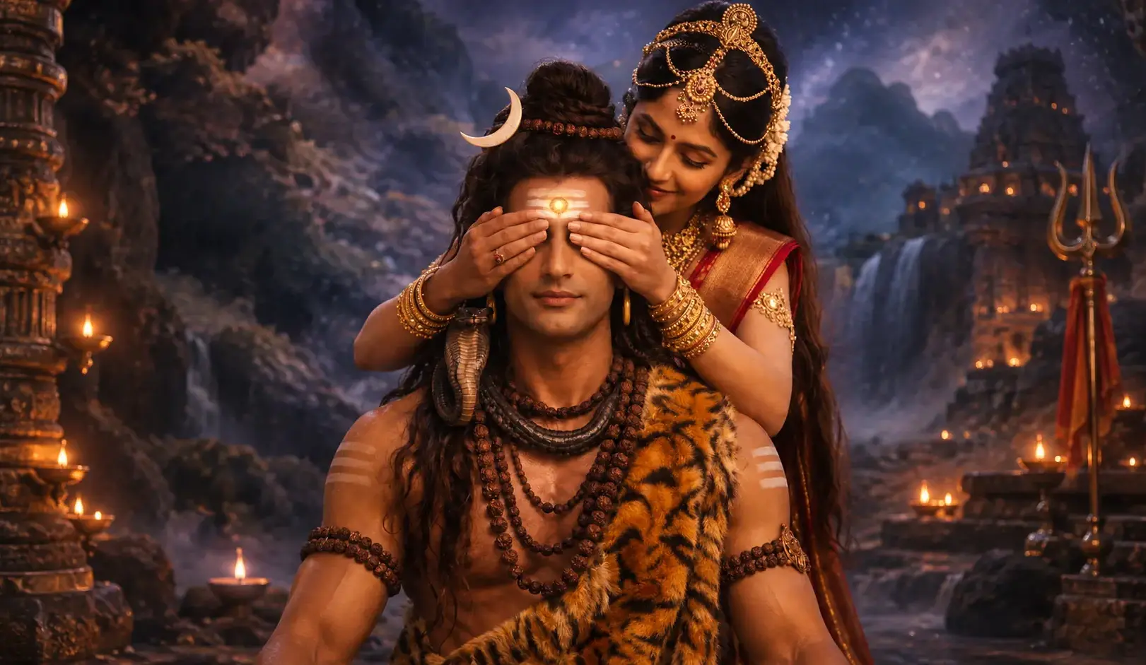 Lord Shiva and Ambika at Kailash, where Ambika playfully closes Shiva’s eyes, leading to a divine event connected with the Earth element, devotion, and the sacred story of Ekambareswarar Temple.