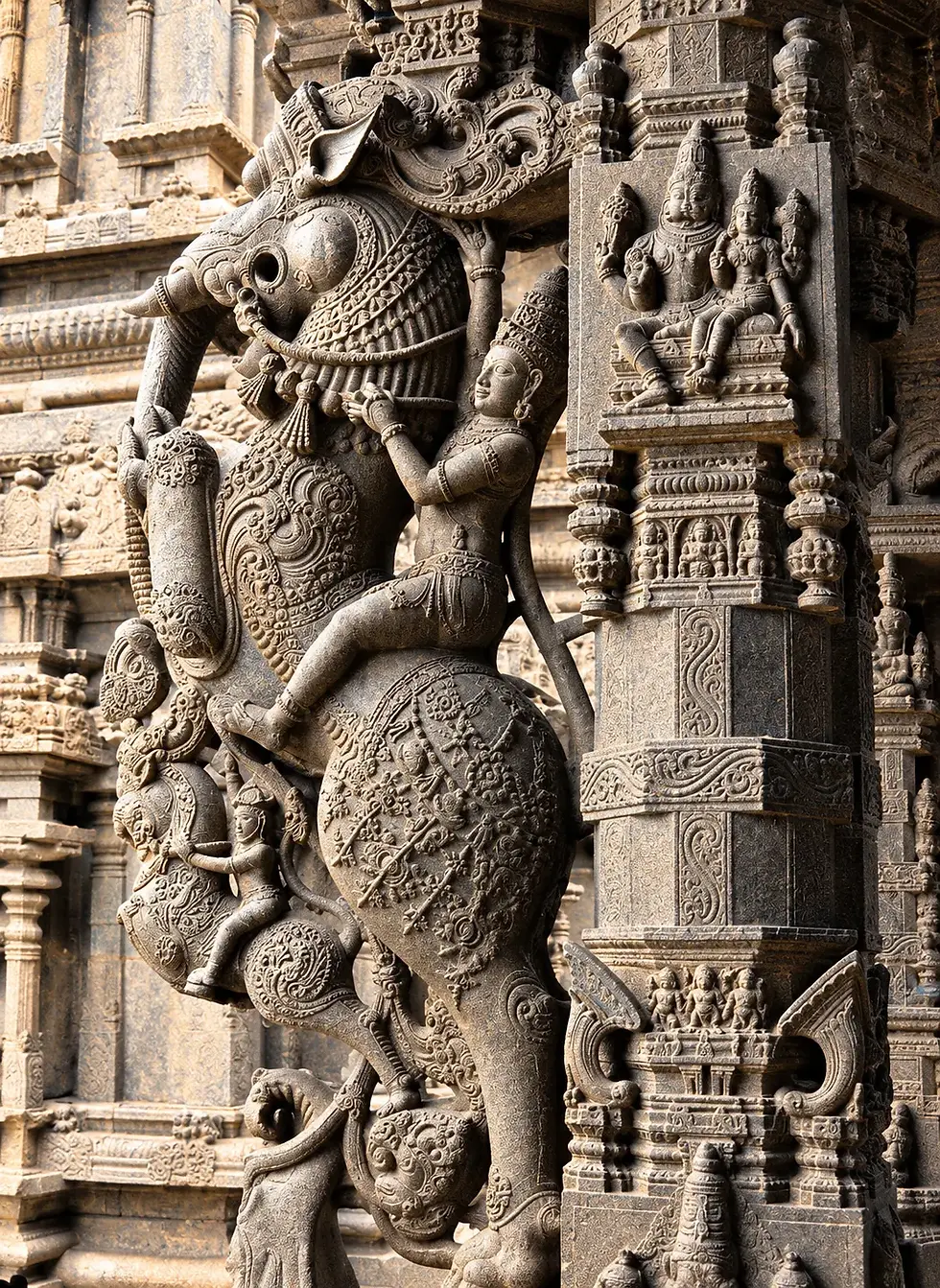 Horse Yali, a distinctive form of the mythical Yali in South Indian temple sculpture, combining horse-like features with traditional carvings and representing strength, protection, and artistic craftsmanship.