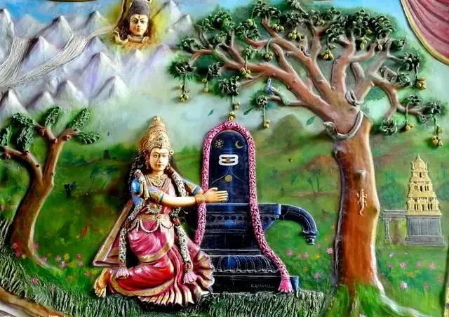 Lord Shiva testing Ambika’s devotion through a divine trial, highlighting her penance, unwavering faith, love for Shiva, spiritual dedication, and the sacred legend of Ekambareswarar in Kanchipuram.
