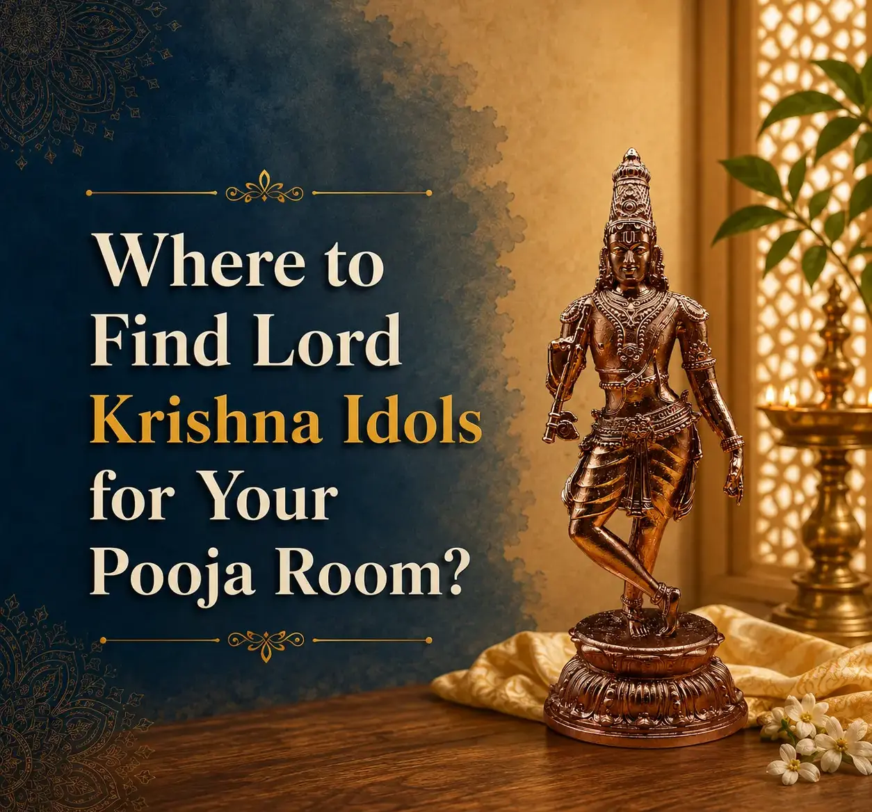 Lord Krishna idols for pooja room, including traditional Krishna god idols, handcrafted bronze Krishna idols, brass Krishna idols, devotional statues, and home temple idols for worship and spiritual blessings.
