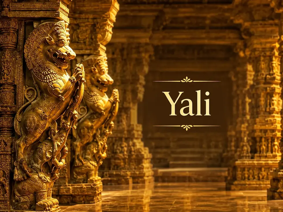 The Yali, South India’s mythical guardian, featuring lion, horse, and elephant characteristics in traditional temple sculptures, symbolizing strength, protection, courage, and the artistic heritage of Dravidian temple architecture.