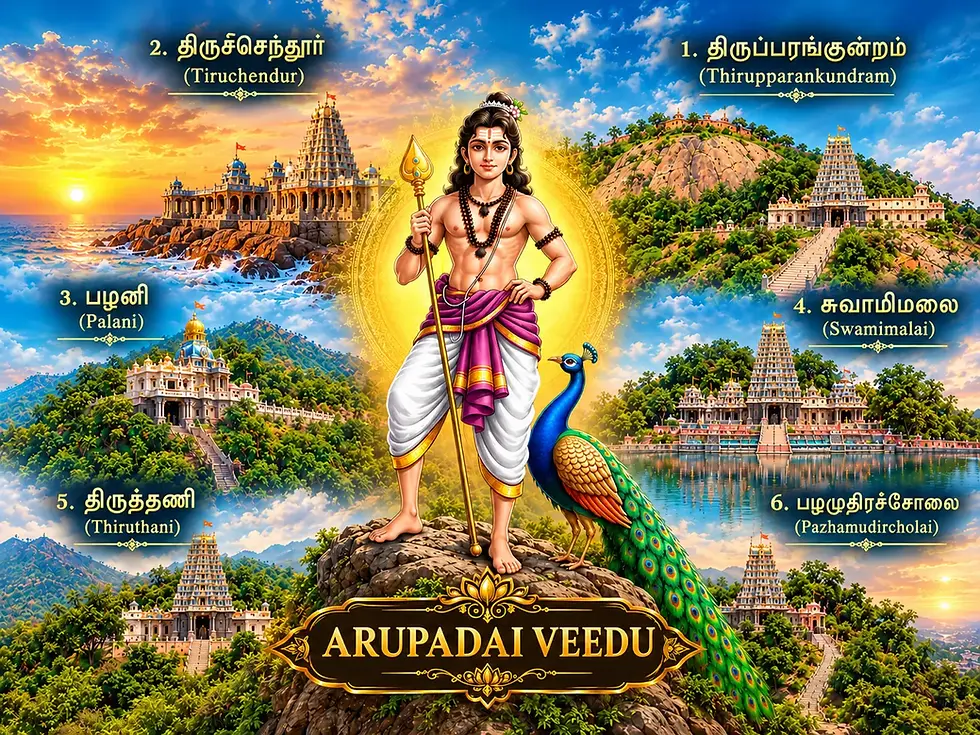 Arupadai Veedu, the Six Sacred Abodes of Lord Murugan — Tirupparankundram, Tiruchendur, Palani, Swamimalai, Thiruthani, and Pazhamudircholai — representing devotion, pilgrimage, ancient Tamil traditions, and the spiritual heritage of Murugan worship.