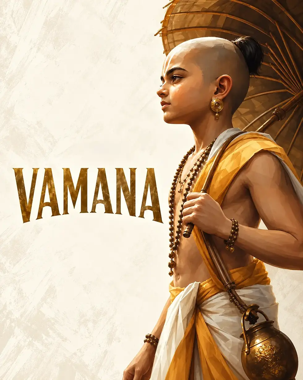 Vamana, the fifth avatar of Lord Vishnu, highlighting his encounter with King Mahabali and the three cosmic steps that symbolize humility, devotion, sacrifice, divine grace, and the restoration of dharma.