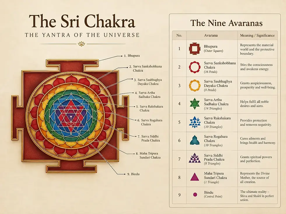 Sri Chakra, the sacred geometric symbol of Goddess Lalita Tripura Sundari, featuring nine enclosures representing divine energy, spiritual progression, meditation, and Sri Vidya worship.
