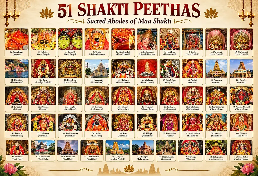 51 Shakti Peethas, sacred Hindu pilgrimage sites associated with Goddess Sati, Lord Shiva, Shakti worship, divine feminine energy, and the ancient spiritual traditions of Hinduism.