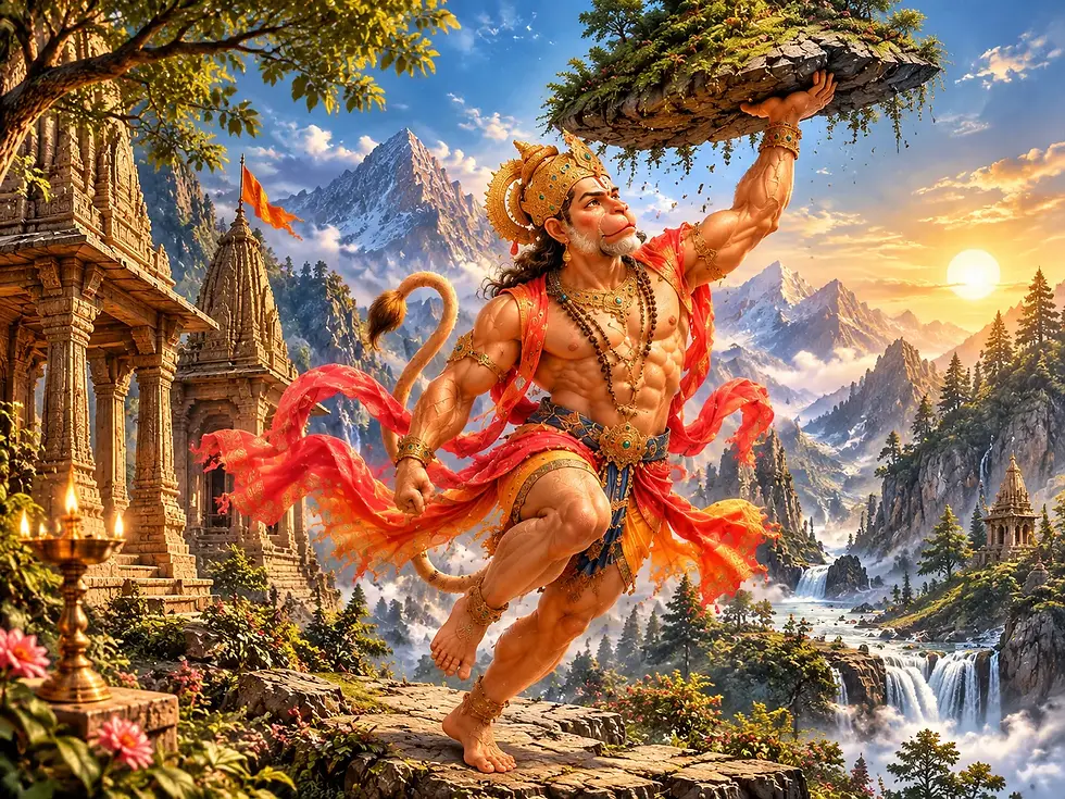 Sanjeevini Anjaneyar, Lord Hanuman carrying the Sanjeevini mountain to save Lakshmana, representing devotion, strength, courage, selfless service, and divine intervention.