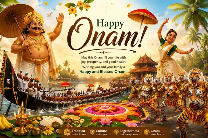 Onam in Kerala, a vibrant harvest festival celebrated with Pookalam, Onam Sadya, Vallamkali, Pulikali, traditional dances, cultural rituals, family gatherings, and the legendary story of King Mahabali.