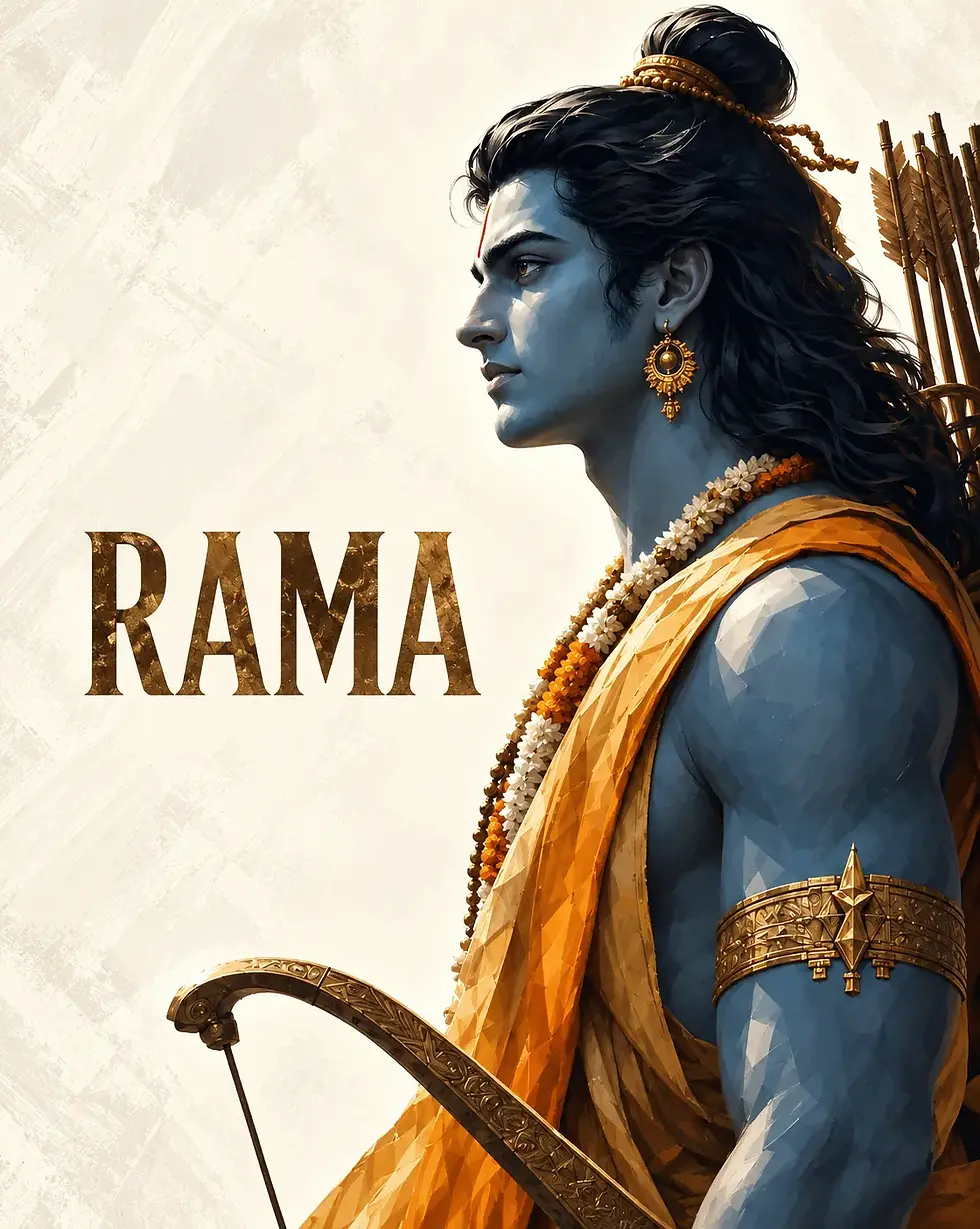Rama, the seventh avatar of Lord Vishnu, celebrated for his commitment to truth, duty, compassion, and righteousness, representing ideal leadership, devotion, courage, and the victory of good over evil.