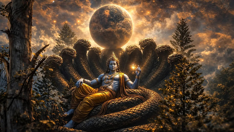 The story of Shesha, the divine serpent associated with Lord Vishnu, exploring Ananta Shesha, his role as Vishnu’s cosmic serpent bed, devotion, strength, protection, and significance in Hindu Deities.