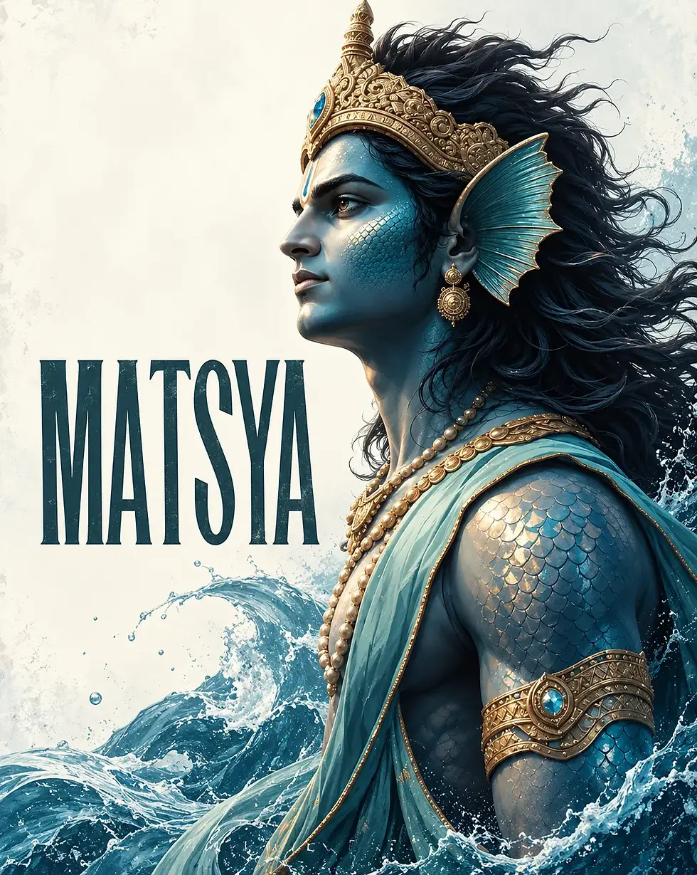 Matsya, the first avatar of Lord Vishnu, symbolizing divine protection, preservation of sacred knowledge, rescue of King Manu, and renewal of life after the great flood.
