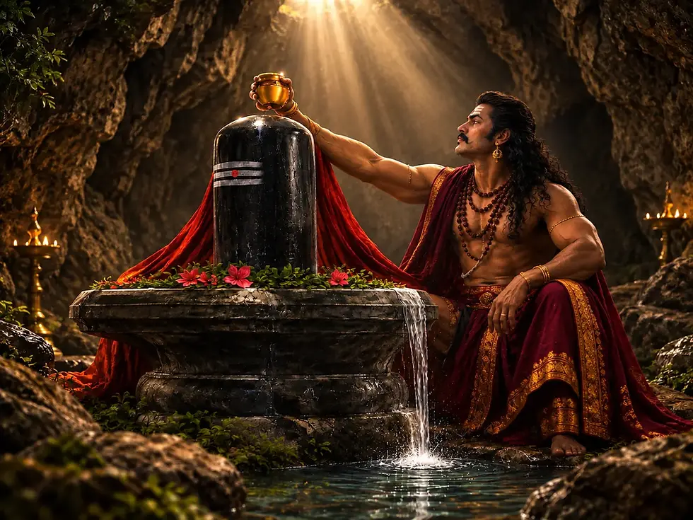 One Lesson in Humility: The Story of Ravana and Lord Shiva, exploring Ravana’s devotion and pride, his encounter with Nandi, attempt to lift Mount Kailash, and Lord Shiva’s divine power and lesson in humility.