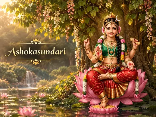 Ashoka Sundari, the divine daughter of Lord Shiva and Goddess Parvati in certain Hindu traditions, associated with the Kalpavriksha, beauty, companionship, and the removal of sorrow.