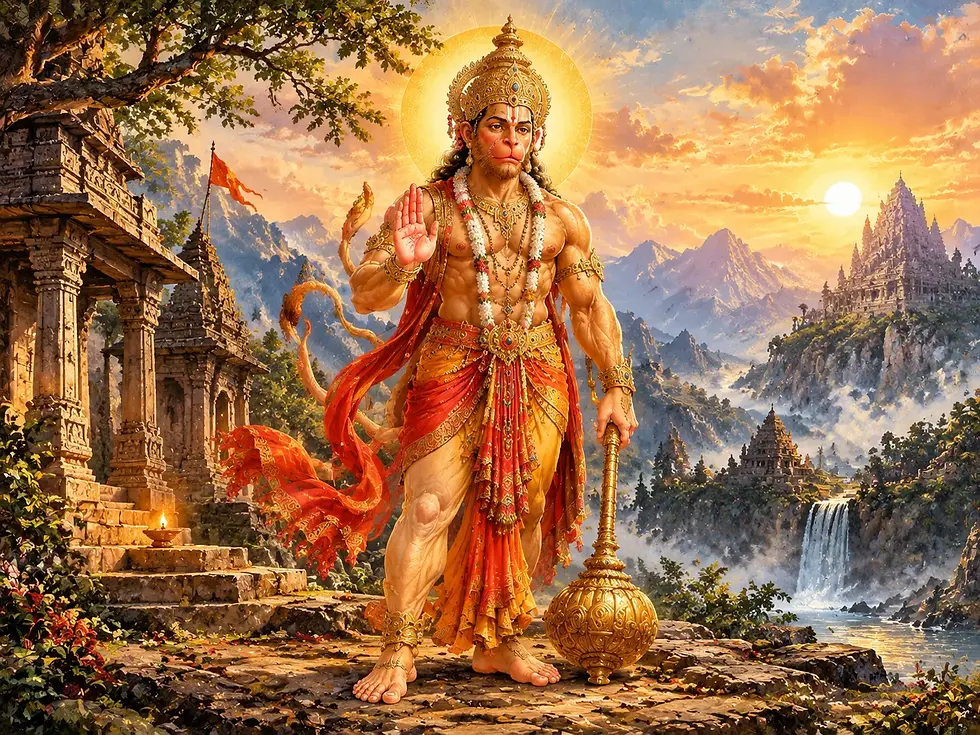 Abhaya Anjaneyar, a form of Lord Hanuman representing fearlessness, protection, courage, divine strength, and blessings.