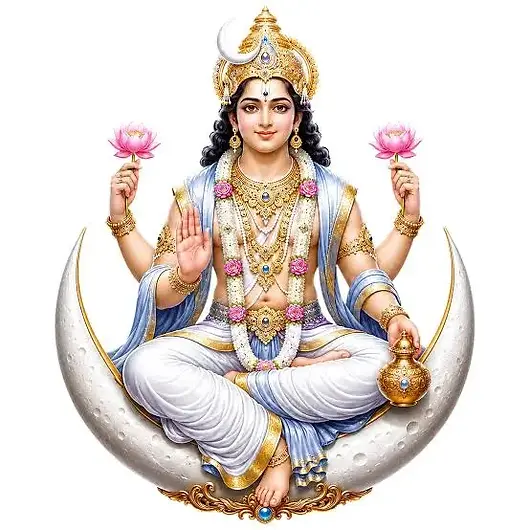 Chandran, the Hindu Moon God associated with the Moon, beauty, calmness, emotions, divine energy, lunar symbolism, and traditional Hindu mythology.