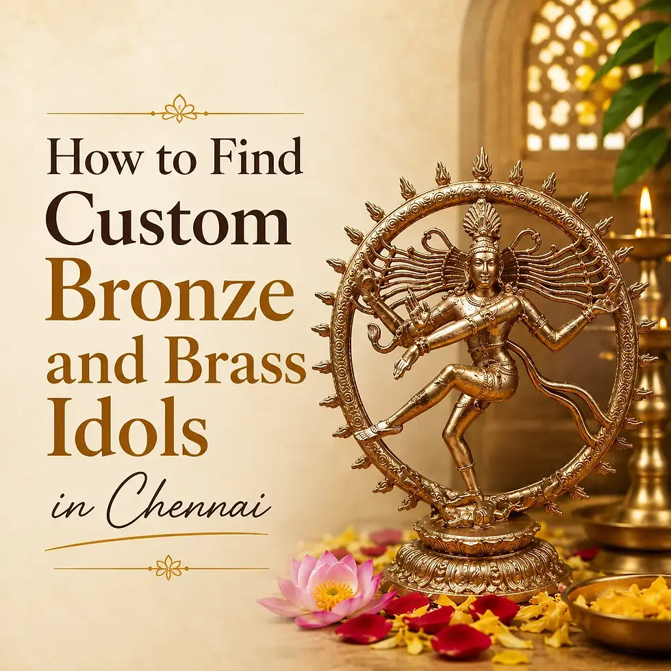 Custom bronze and brass idols in Chennai, featuring handmade Hindu god idols, temple idols, traditional bronze statues, handcrafted brass idols, and customized religious sculptures.