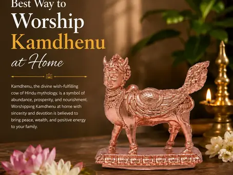 Best way to worship Kamdhenu at home with a Kamdhenu idol, Kamadhenu pooja, traditional Hindu worship, home pooja, divine blessings, prosperity, abundance, peace, and spiritual well-being.