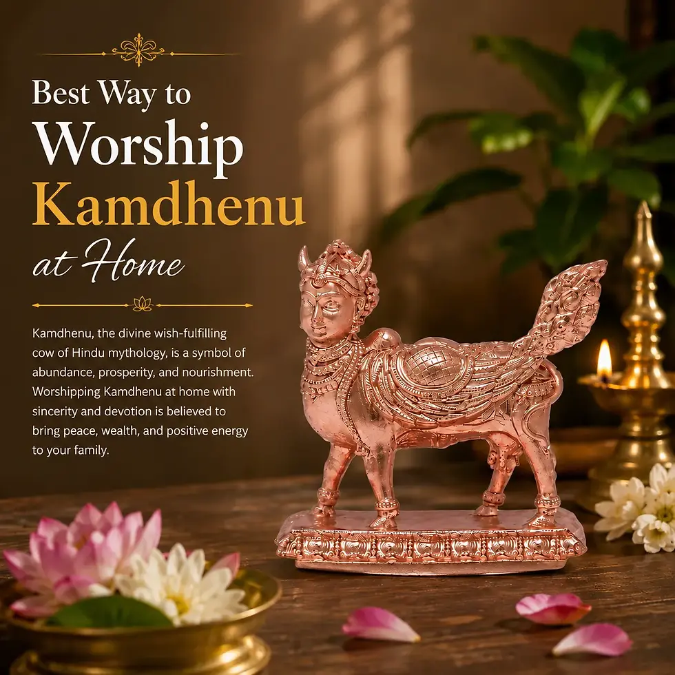 Best way to worship Kamadhenu at home with a Kamadhenu idol, Kamadhenu pooja, traditional Hindu worship, home pooja, divine blessings, prosperity, abundance, peace, and spiritual well-being.