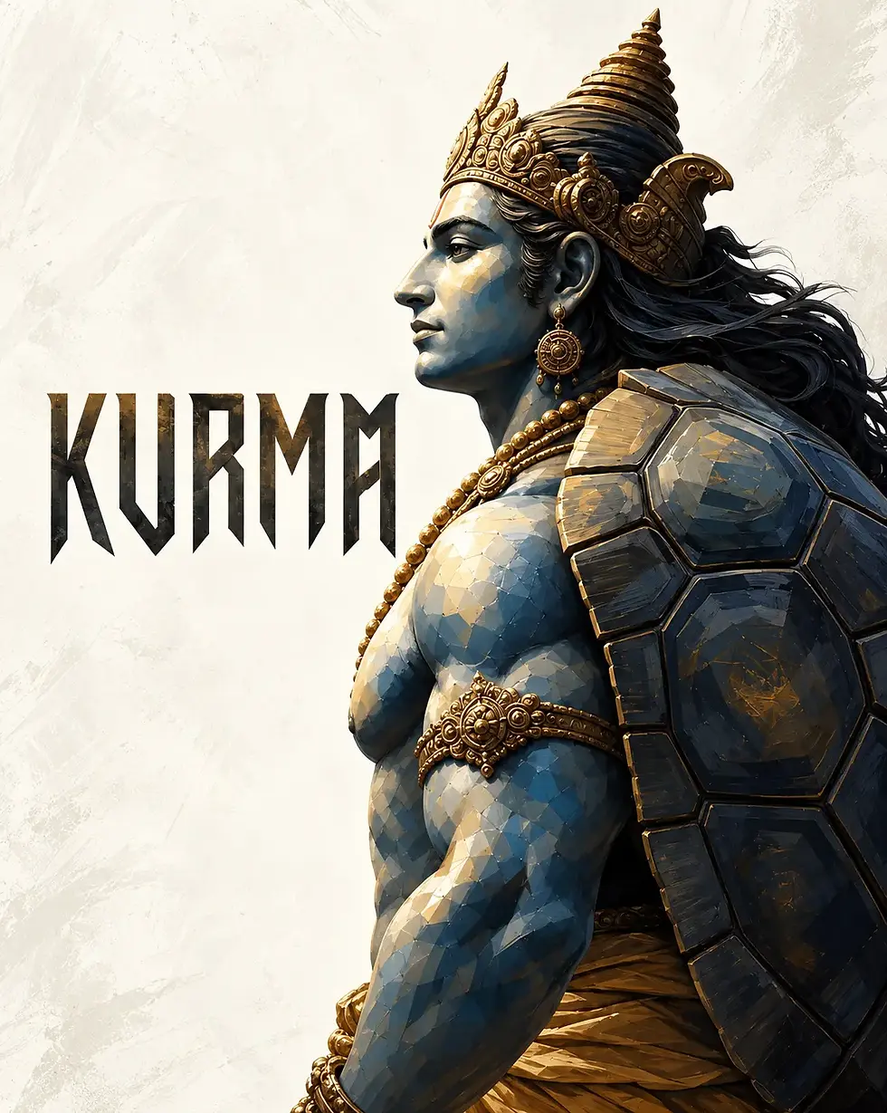 Kurma, the second avatar of Lord Vishnu, depicting the divine tortoise supporting Mount Mandara during the Samudra Manthan, symbolizing stability, patience, strength, and divine support.