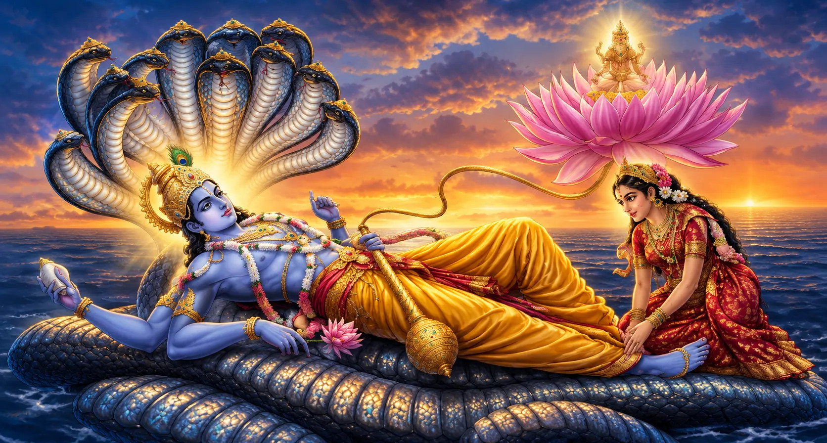 Brahma emerging from the navel of Lord Vishnu while Goddess Lakshmi sits near Vishnu’s feet, depicting Anantashayana Vishnu, the cosmic creation story, divine preservation, prosperity, and Hindu mythology.