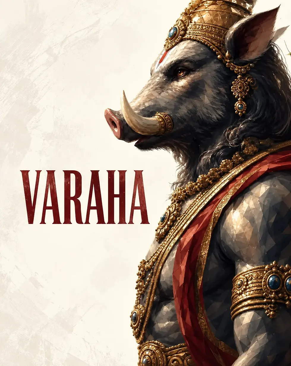 Varaha, the third avatar of Lord Vishnu, portraying the divine boar rescuing Bhudevi, Goddess Earth, from the cosmic waters and restoring balance and dharma.