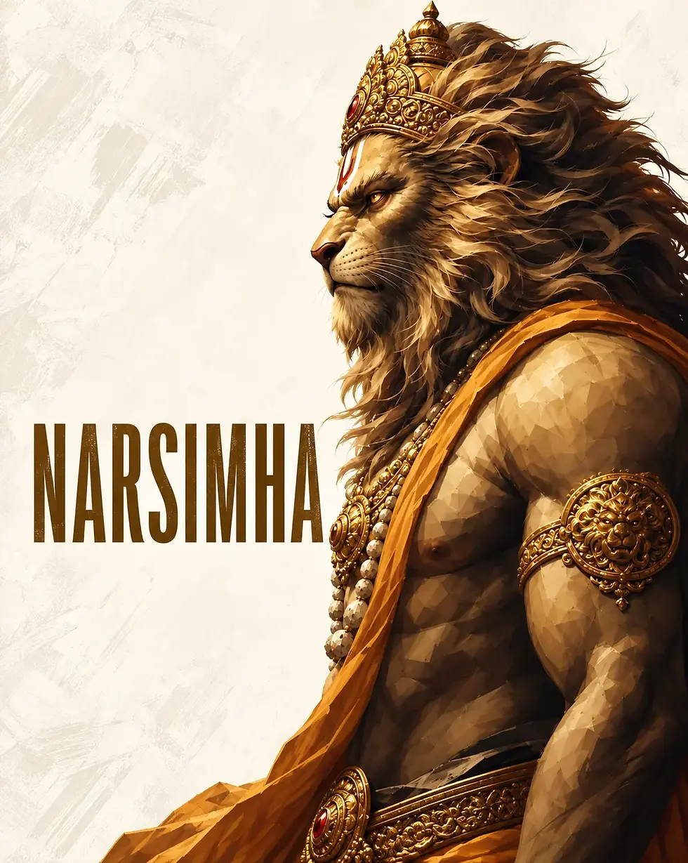 Narasimha, the fourth avatar of Lord Vishnu, the half-man, half-lion incarnation who protected Prahlada and defeated Hiranyakashipu, representing divine protection, courage, justice, and the triumph of good over evil.