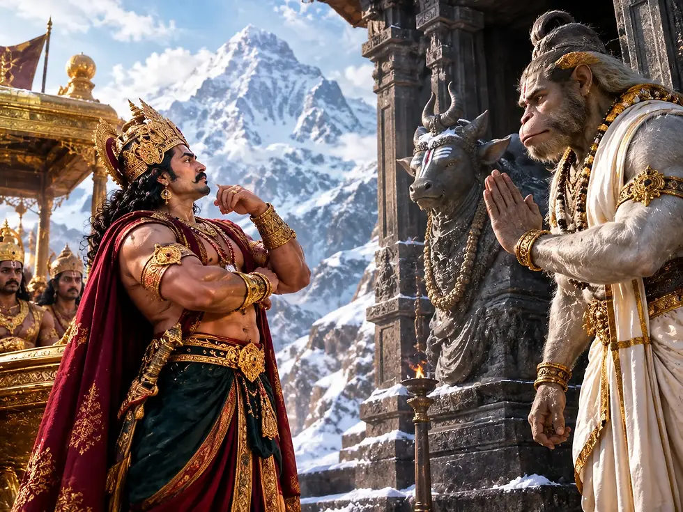 Nandi stops Ravana at Mount Kailash, guarding Lord Shiva’s sacred abode and setting the stage for a legendary story of devotion, pride, divine power, and humility.