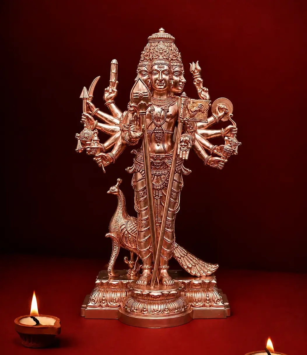 Handcrafted Shanmugar Bronze Idol featuring Six-Faced Lord Murugan, traditional bronze statue for pooja room, temple worship, home décor, and spiritual gifting.