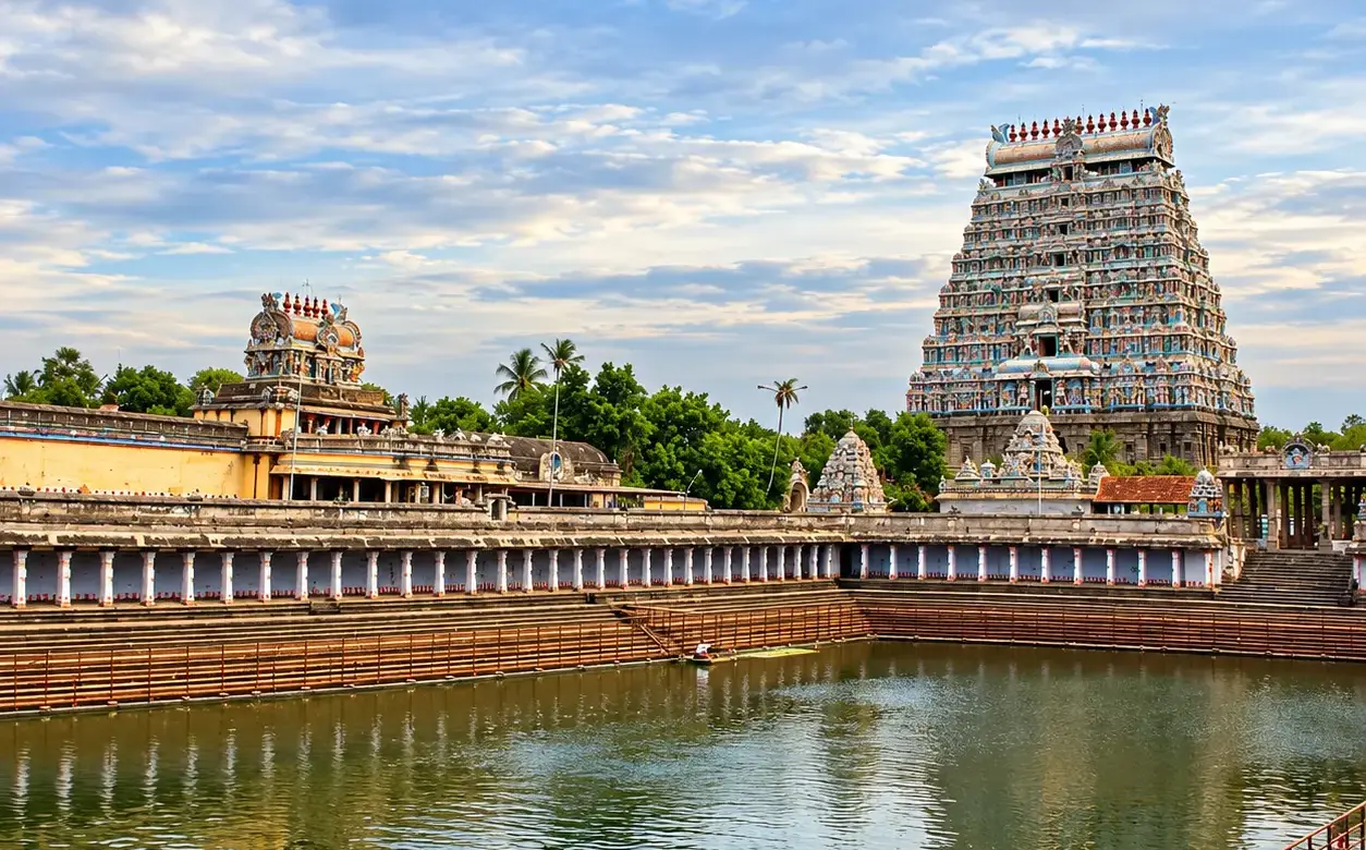 Thillai Nataraja Temple in Chidambaram, representing the Space element, dedicated to Lord Shiva as Nataraja, the cosmic dancer, and celebrated for its spiritual symbolism, intricate temple architecture, sacred rituals, and Tamil Shaivite heritage.