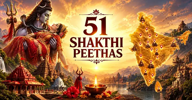 51 Shakti Peethas across the Indian subcontinent, representing sacred sites of Goddess Shakti, Sati’s divine story, Lord Shiva, Shakti worship, pilgrimage, and Hindu spiritual heritage.
