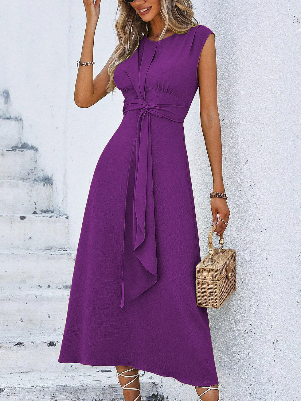 Thumbnail: Women’s Elegant Sleeveless A Line Belted Midi Dress